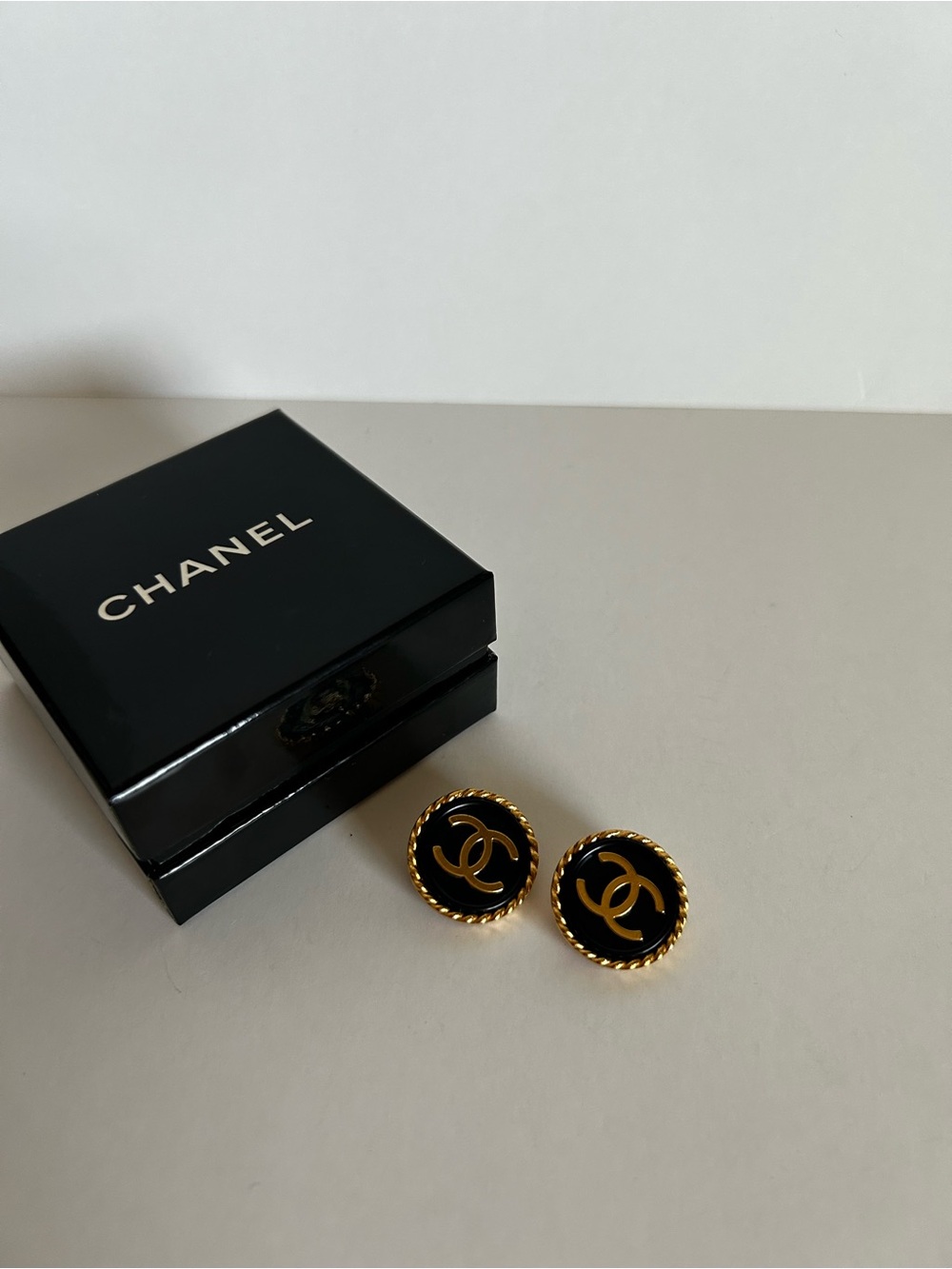 CHANEL Gold and Black CC Button Earrings